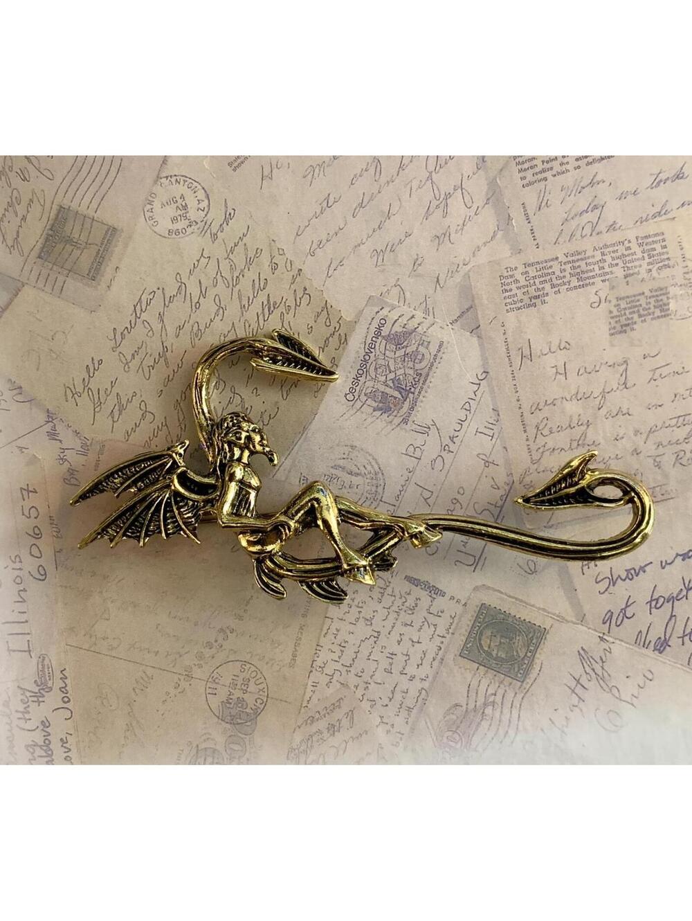 Gothic Mythical Gargoyle Demon Gold-Tone Winged Succubus Statement Brooch Pin